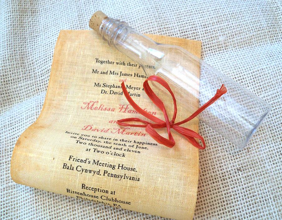 Wedding - Message in a Bottle Wedding Invitation, Beach Wedding Invitation, Fabric Scroll Invitation on Linen, Rustic Destination Wedding {10}