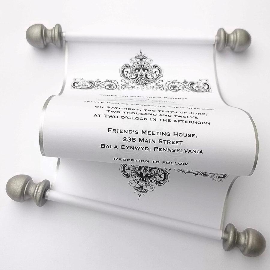 Mariage - Winter wedding invitation scroll, antique damask, black and white wedding, silver scroll, romantic wedding, rococo wedding, 10