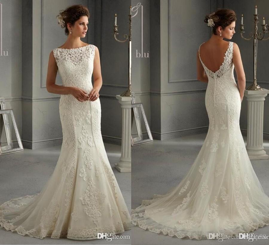 Mariage - New Arrival 2016 Illusion Bateau Backless Sheath Wedding Dresses Applique Bridal Gowns Mermaid Lace Wedding Dress Button Zipper Online with $113.88/Piece on Hjklp88's Store 