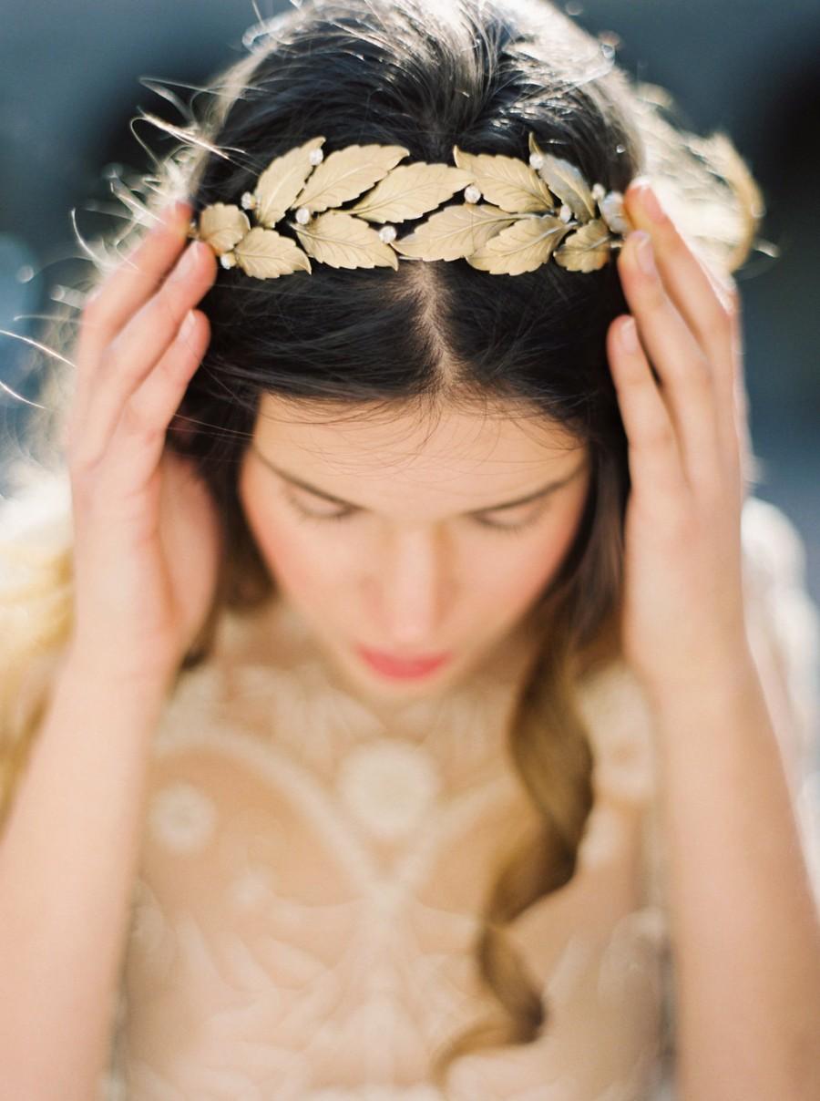 Hochzeit - Gold Laurel Leaf and Rhinestone Crown -Style 5215 ‘Helena’ MADE TO ORDER