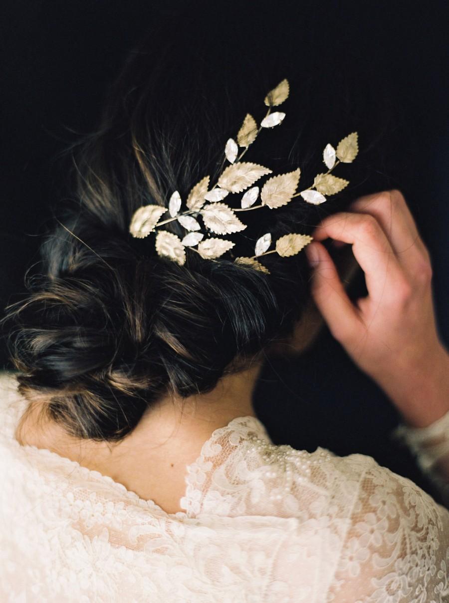 Hochzeit - Gold Leaf and Rhinestone Branch Bridal Headpiece- Style  5015 'Juliana' MADE TO ORDER