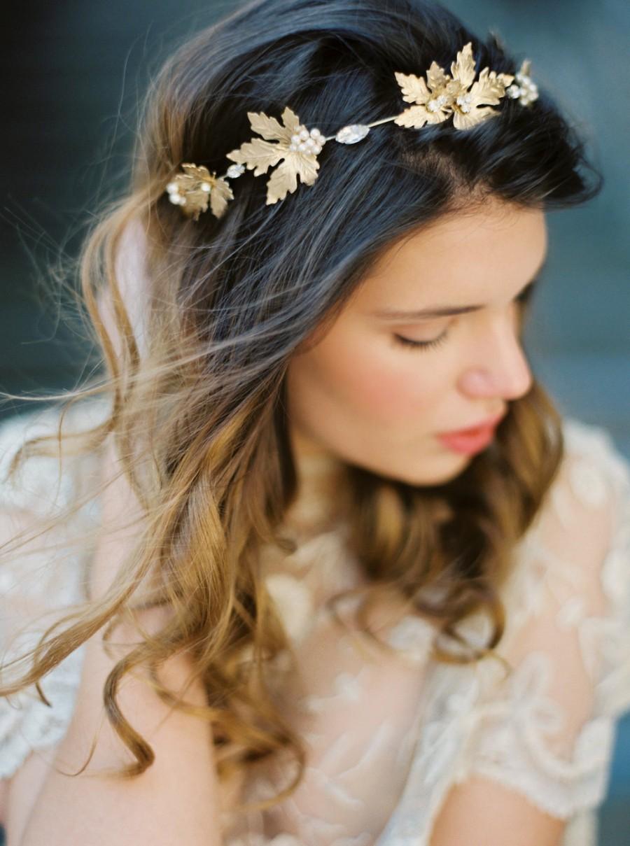 Hochzeit - Golden Maple Leaf, Rhinestone and Pearl Crown, Bridal Crown, Headpiece -Style 5515 ‘Genevieve’  MADE TO ORDER