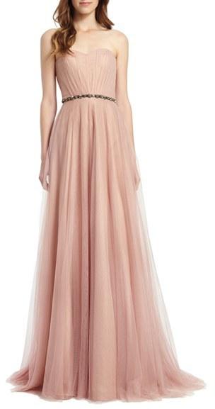 Mariage - Monique Lhuillier Bridesmaids Embellished Waist Strapless Tulle Gown