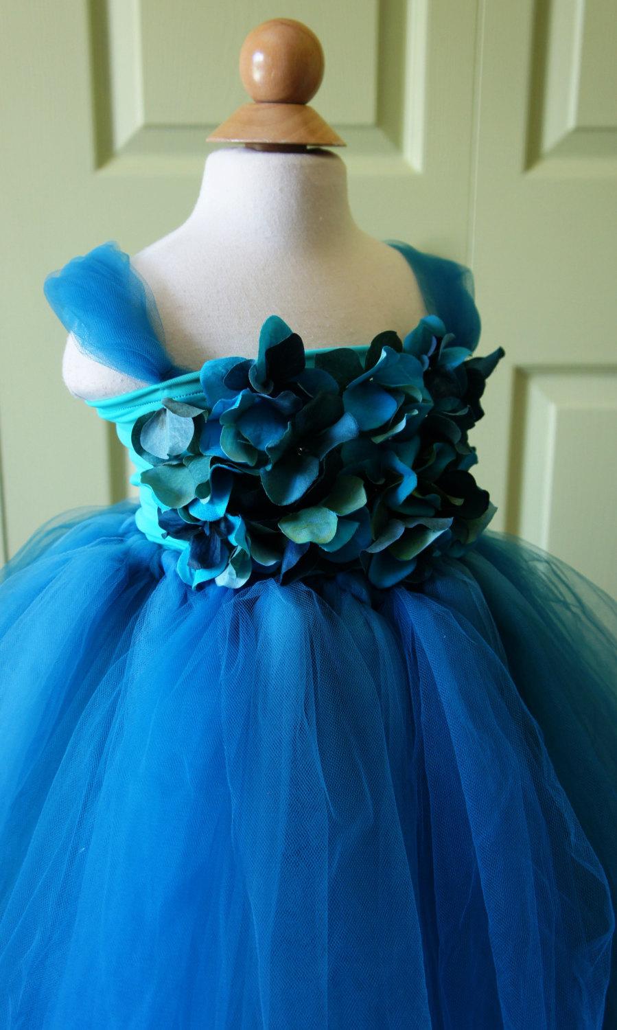 Wedding - Flower girl dress Turquoise Blue tutu dress, flower top, baby tutu dress, toddler tutu dress