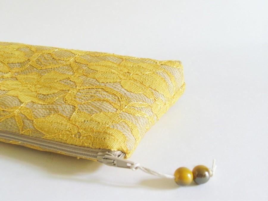 Hochzeit - Yellow Lace Wedding Clutch Handbag, Gift Bag for Bridesmaid, Bright Lace Purse for Cosmetics