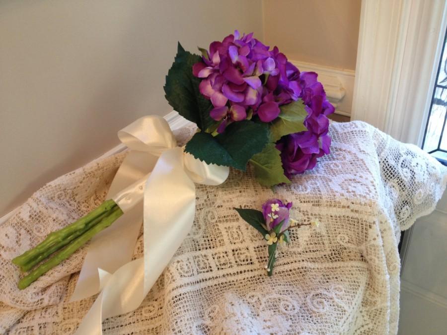 Wedding - HYDRANGEA BRIDAL BOUQUET, Arm Bridal Bouquet,  Beautiful Purple Hydrangeas,Wedding Bouquet And Boutonniere, Two Piece Wedding,