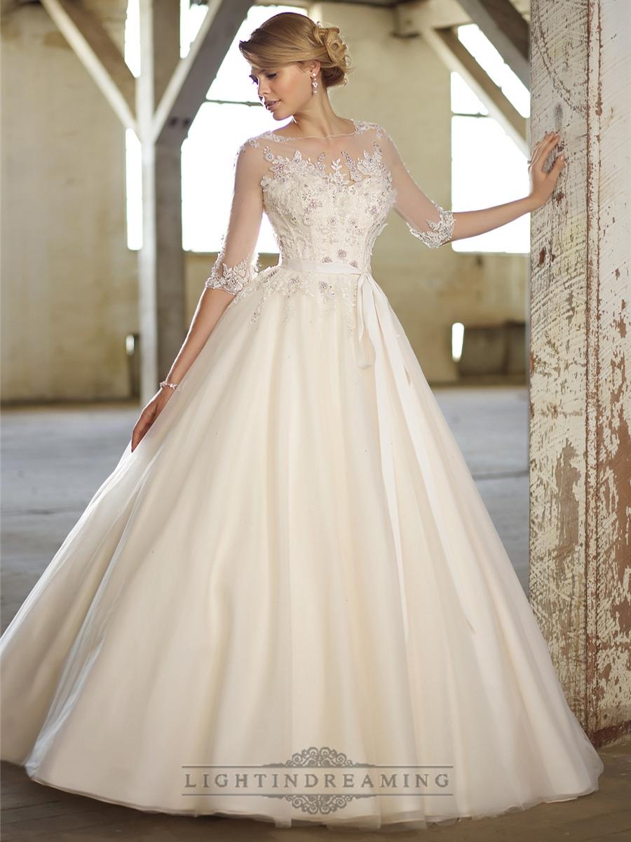 Mariage - Illusion Boat Neckline Three-Quarter Sleeves Embellished Wedding Dresses - LightIndreaming.com