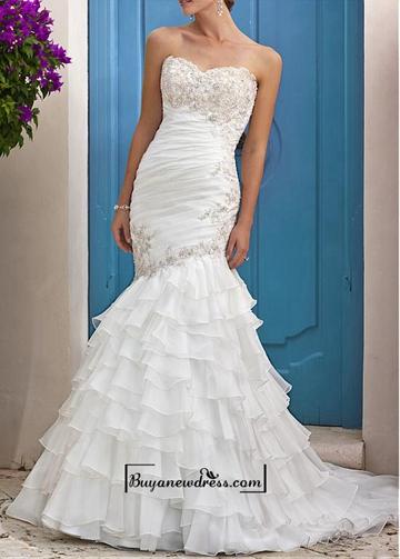Wedding - Amazing Organza & Satin Mermaid Strapless Sweetheart Tiered Ruffled Destination Wedding Dress With Beaded Lace Appliques
