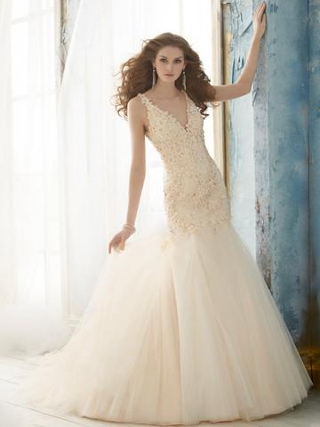 Mariage - Peach Satin Organza Slim Wedding Dress with Embroidered Elongated Bodic and V-neckline