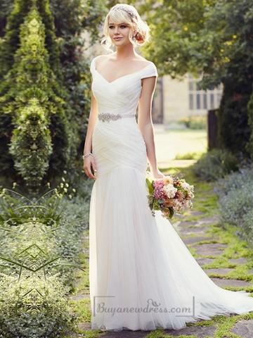 زفاف - Cap Sleeves Layers of Soft Ruching Wedding Dresses