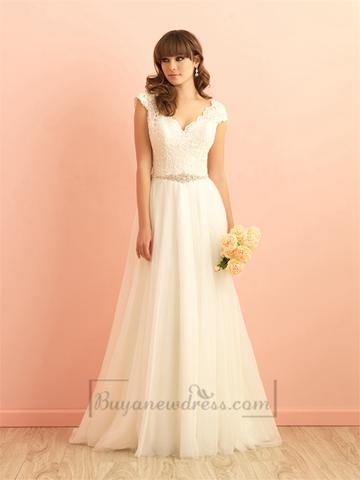 زفاف - Cap Sleeves V neckline A-line Lace Wedding Dress with Deep V-back