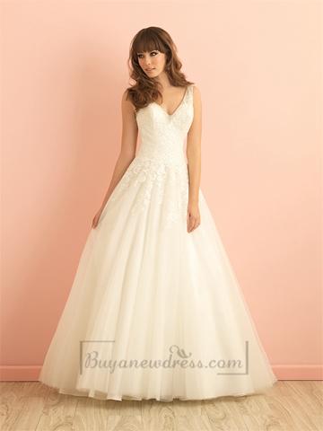 Hochzeit - V-neck A-line Lace Wedding Dress with Deep V-back