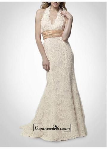 Hochzeit - Alluring Lace & Taffeta Sheath Halter Neckline Empire Waist Bridal Dress