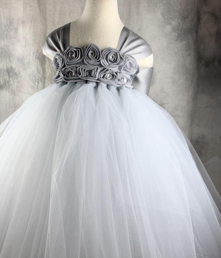زفاف - Grey Silver Flower girl dress Tutu dress Wedding dress Birthday dress Newborn 2T to 8T