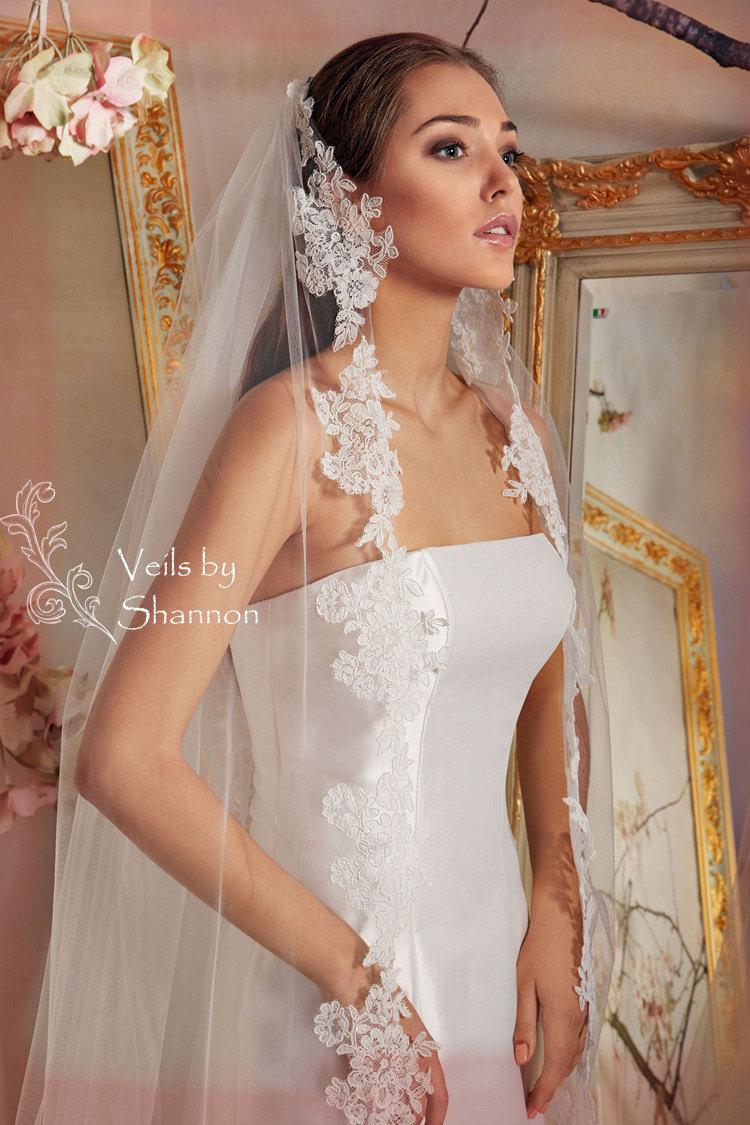 زفاف - Long Lace Veil in Cathedral Length, 1 Layer Cathedral Lace Wedding Veils, Lace Bridal Veils, Cathedral Lace Veils,Lace Veil Style V12A