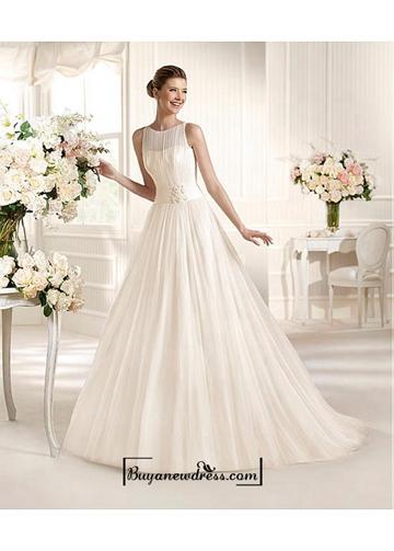 Hochzeit - Alluring Tulle & Satin Jewel Neckline Natural Waistline A-line Wedding Dress