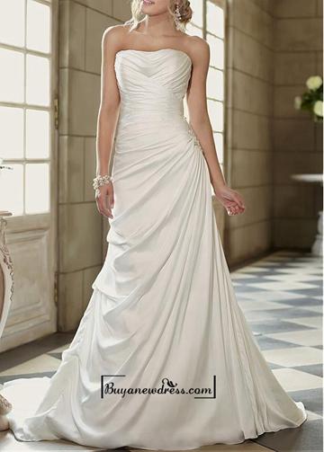 Hochzeit - Amazing Charmeuse A-line Strapless Asymmetrical Waist Draping Wedding Gown With Beaded Lace Appliques
