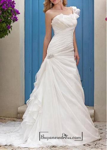 زفاف - Beautiful Oranza A-line One Shoulder Asymmetrical Waist Ruched Beaded Destionation Wedding Dress Gown With Handmade Flowers