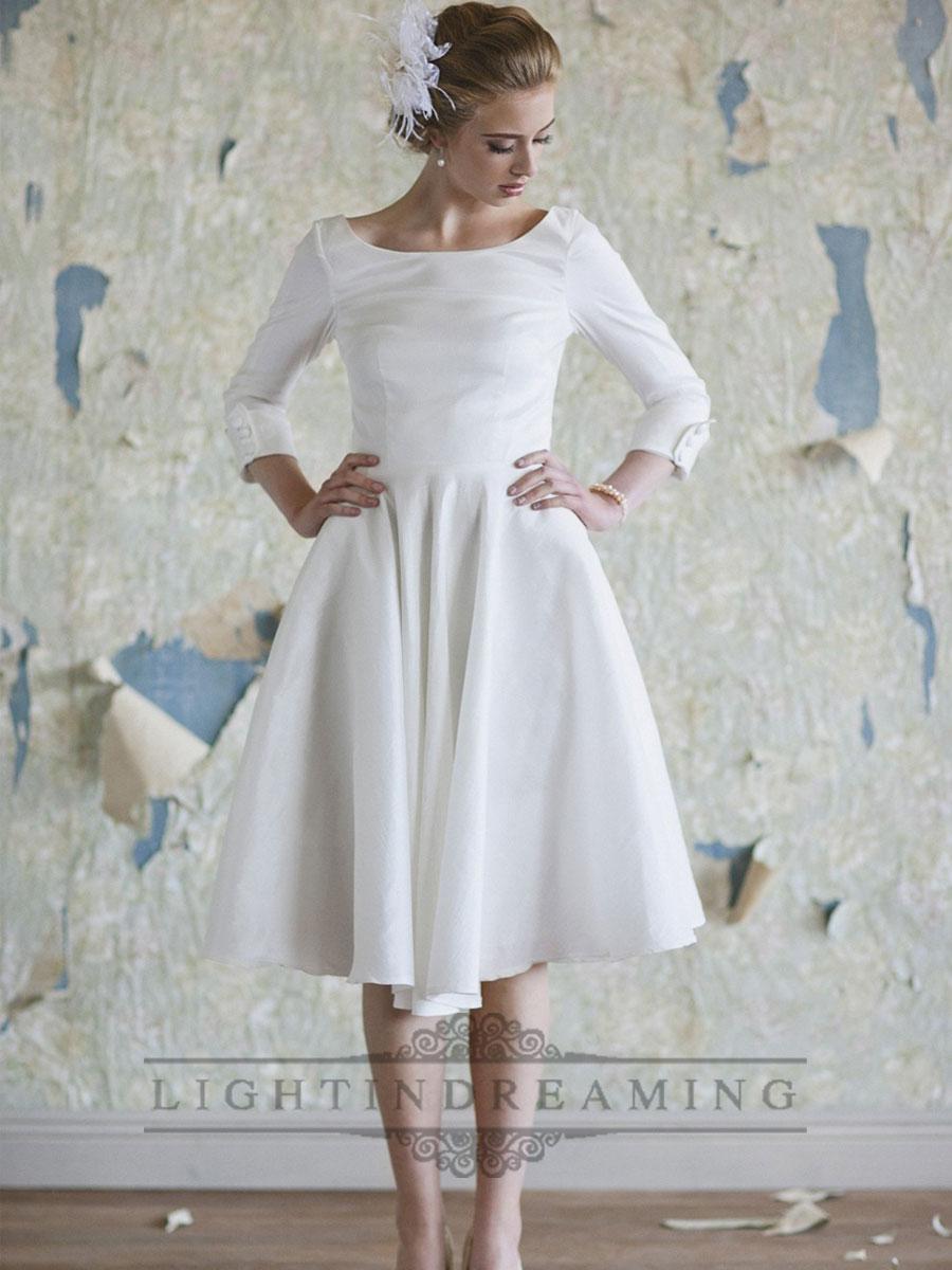 زفاف - Classic Vintage A-line 3/4 Length Sleeves Tea Length Wedding Dresses - LightIndreaming.com