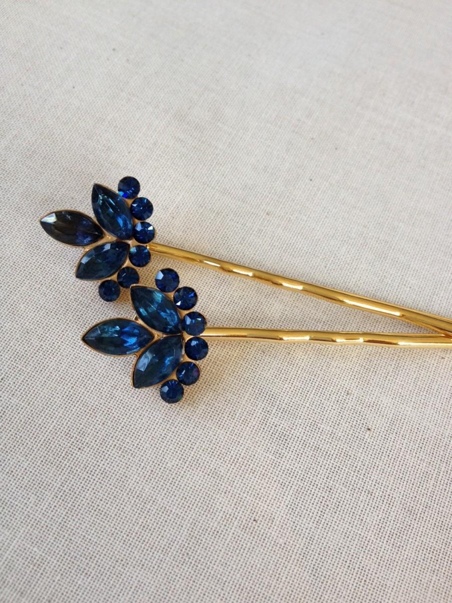 Hochzeit - Navy Blue Rhinestone hair pins, set, gift, hair, accessory, rustic, wedding, rhinestone, gold, navy, blue, bridesmaid, hair