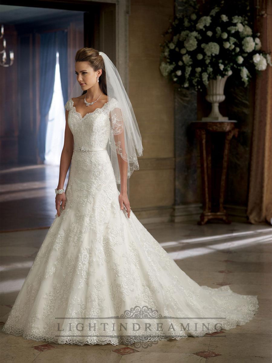 زفاف - A-line Cap Sleeves V-neck and V-back Wedding Dresses - LightIndreaming.com