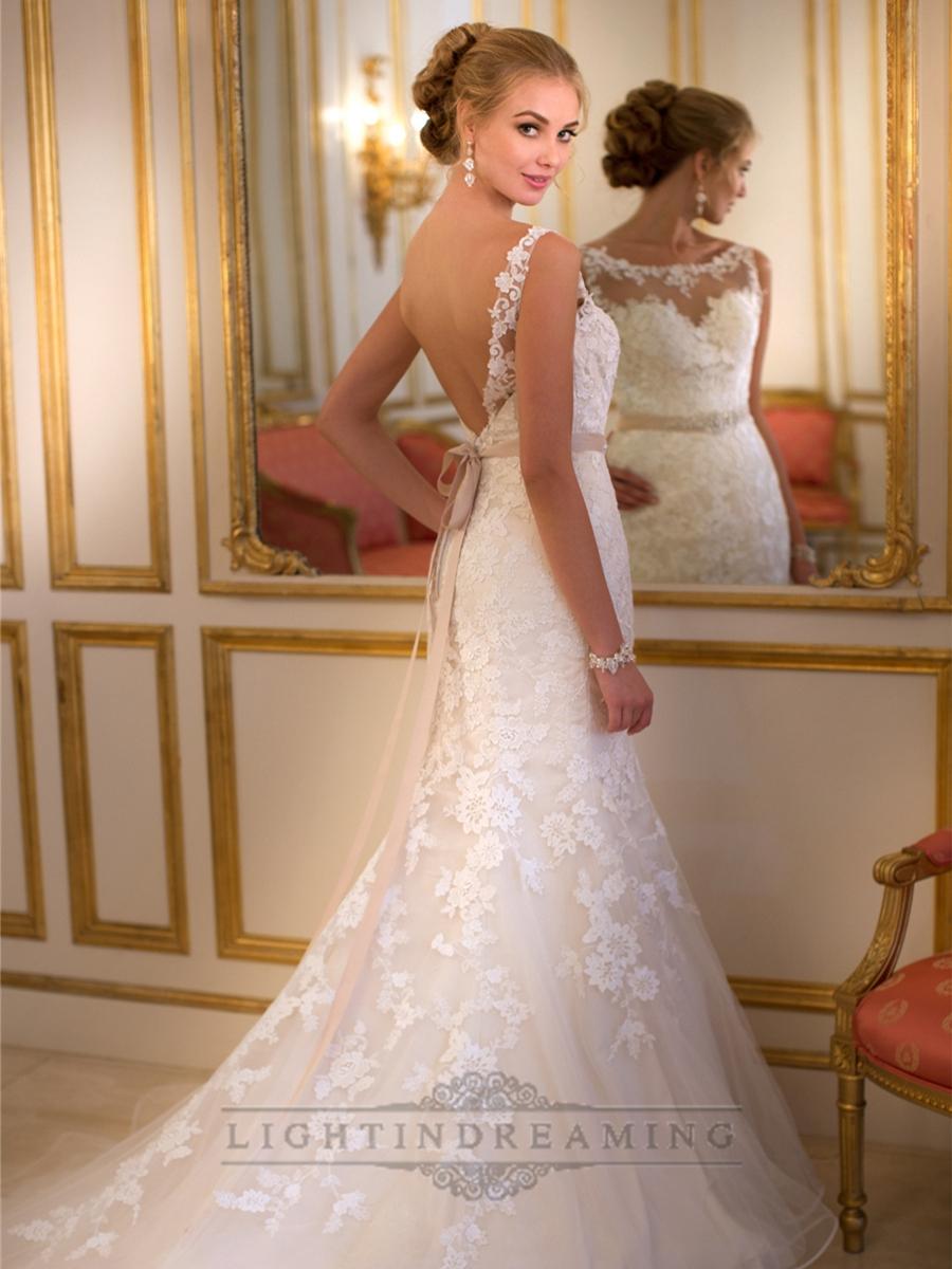 زفاف - Fit and Flare Illusion Lace Bateau Neckline Wedding Dresses with Open V-back - LightIndreaming.com