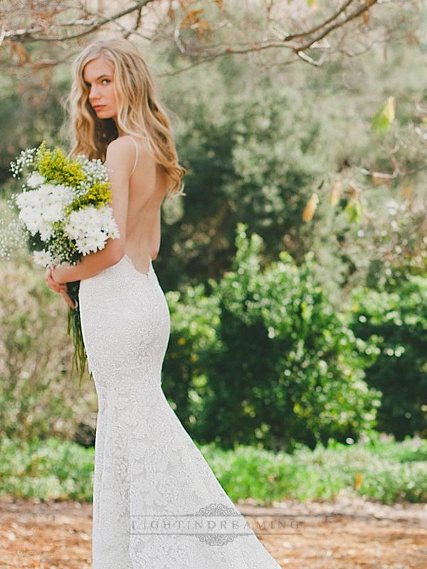 Mariage - Spaghetti Straps Plunging V-neck Low Backless Lace Wedding Dresses - LightIndreaming.com