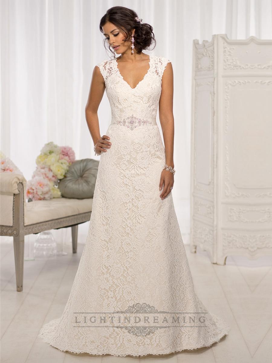 زفاف - Elegant Cap Sleeves V-neck A-line Wedding Dresses with Illusion Back - LightIndreaming.com