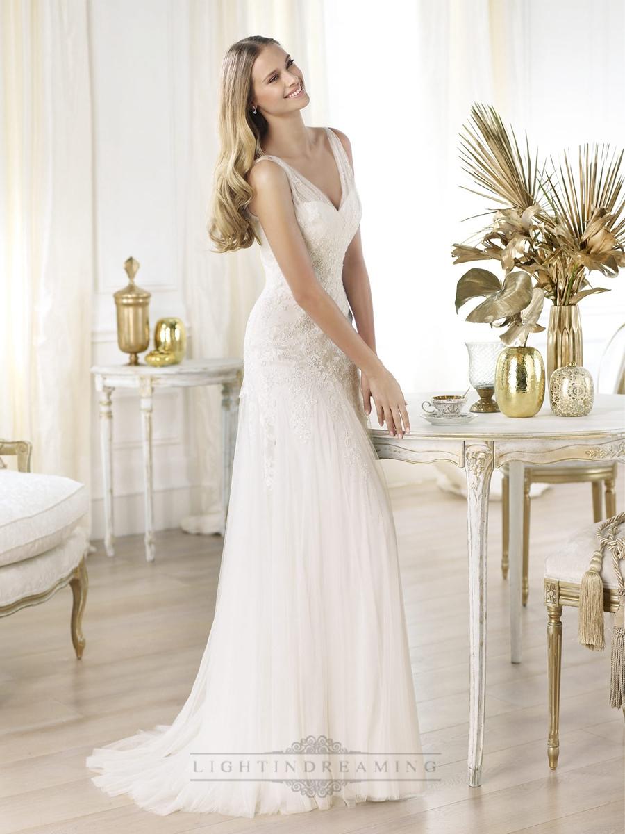 Mariage - Elegant Semi-sheer Draped V-neck Lace Applique A-line Wedding Dresses - LightIndreaming.com