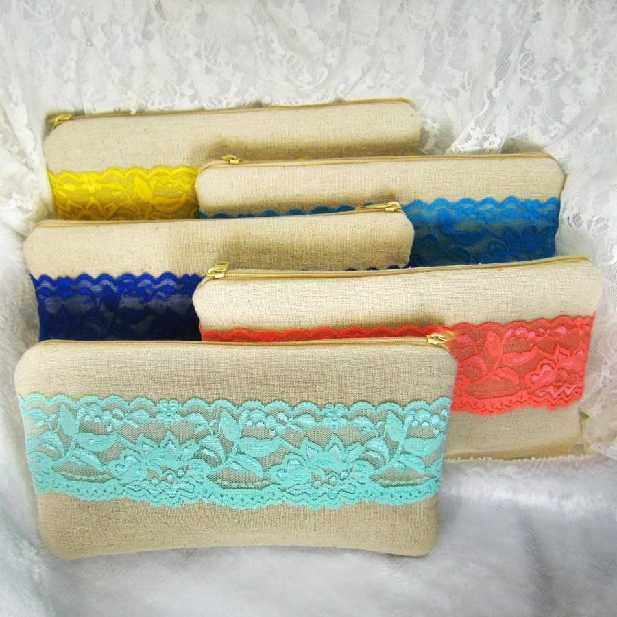 Mariage - Set of 5 - bridesmaids clutches, cotton linen lace clutches, wedding purse bags (Ref: CL889) (CHOOSE your colour)