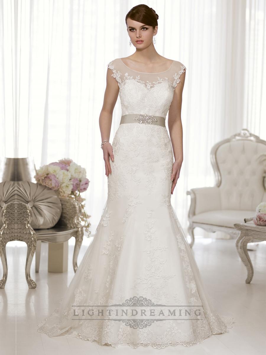 زفاف - Cap Sleeves Fit and Flare Illusion Boat Neckline & Back Wedding Dress - LightIndreaming.com