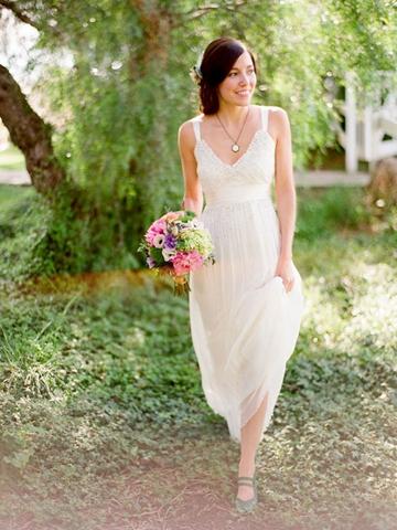 Wedding - Lace V-neck Sheath Sleeveless Simple Summer Wedding Dress with Straps and Sash