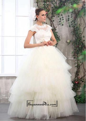 Hochzeit - Amazing Tulle & Satin With Lace Appliques Ball Gown Cap Sleeves Wedding Dress