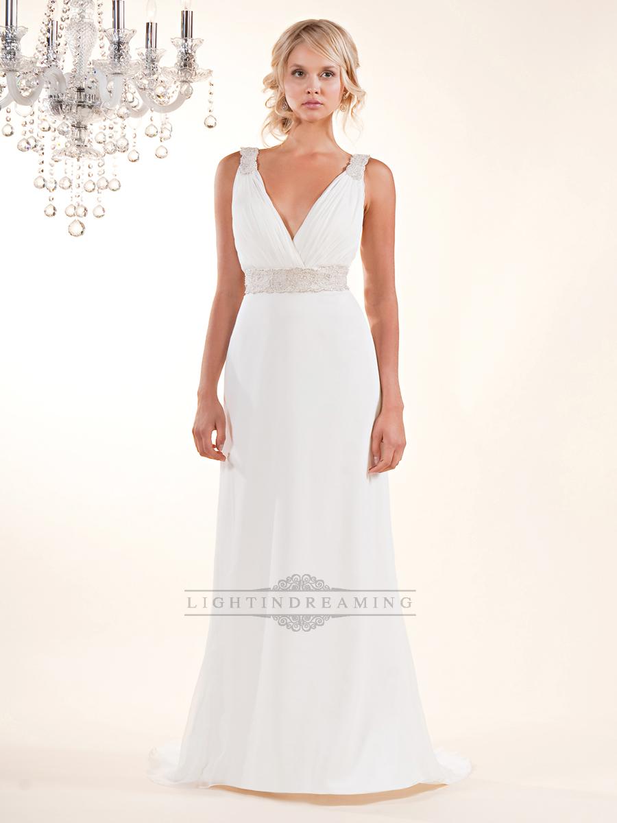 Mariage - Sheath Plunging V-neck Wedding Dresses with Beaded Straps and Belt - LightIndreaming.com