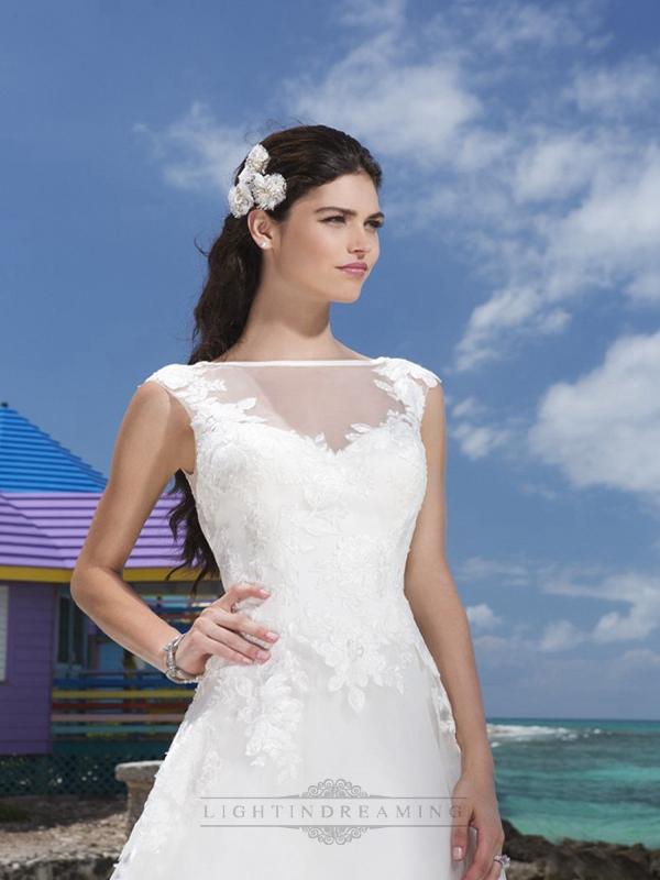 Hochzeit - Satin Trim Illusion Sabrina Neckline And Drop Waist Line Tulle Wedding Gown - LightIndreaming.com