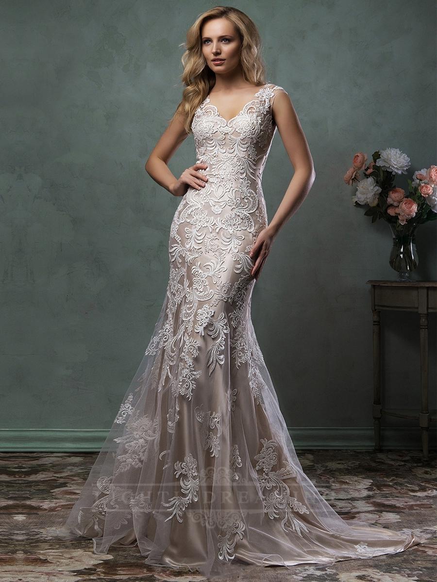 Mariage - Luxury Mermaid V-neck Lace Wedding Dress with Illusion Back - LightIndreaming.com