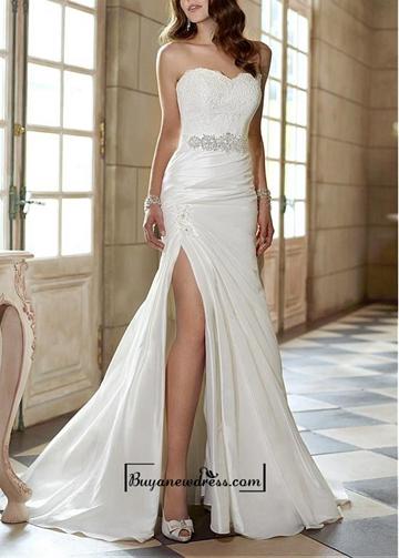 Mariage - Attractive Taffeta Sheath Sweetheart Neckline Natural Waist Slit Floor Length Wedding Dress