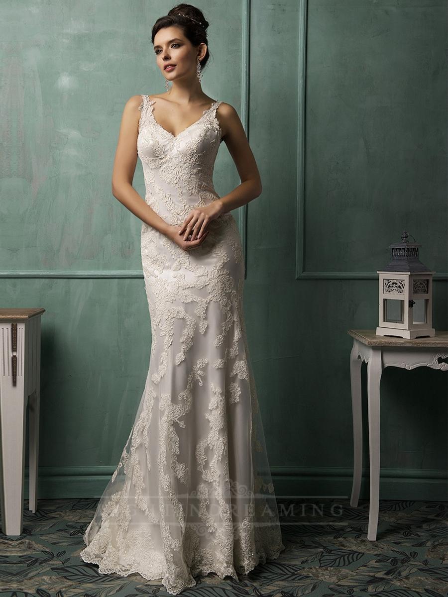 Hochzeit - Straps V-neckline Lace Low Backless Wedding Dress - LightIndreaming.com