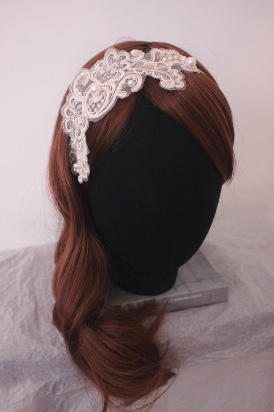 Mariage - 1920s' Victorian Style Wedding Headpiece -- Hand Embroidered Pearls on Lace Headband -- for Bridal /Bridesmaid / Formal Party