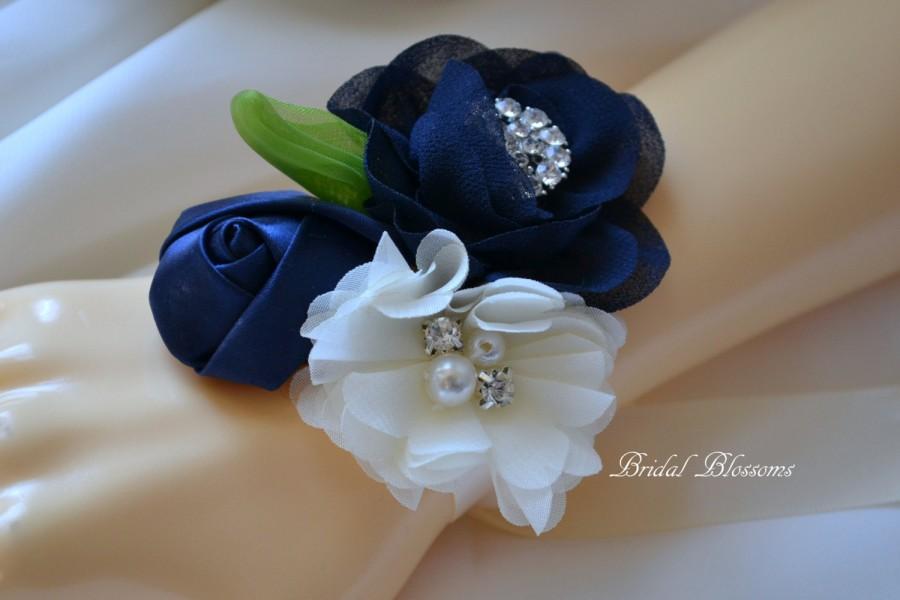 Wedding - BEST SELLER Navy Chiffon Satin Flower Wrist Corsage 