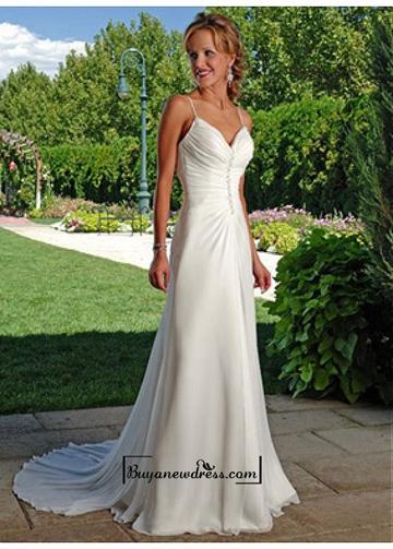 Mariage - Beautiful Elegant Chiffon Sheath V-neck Wedding Dress In Great Handwork