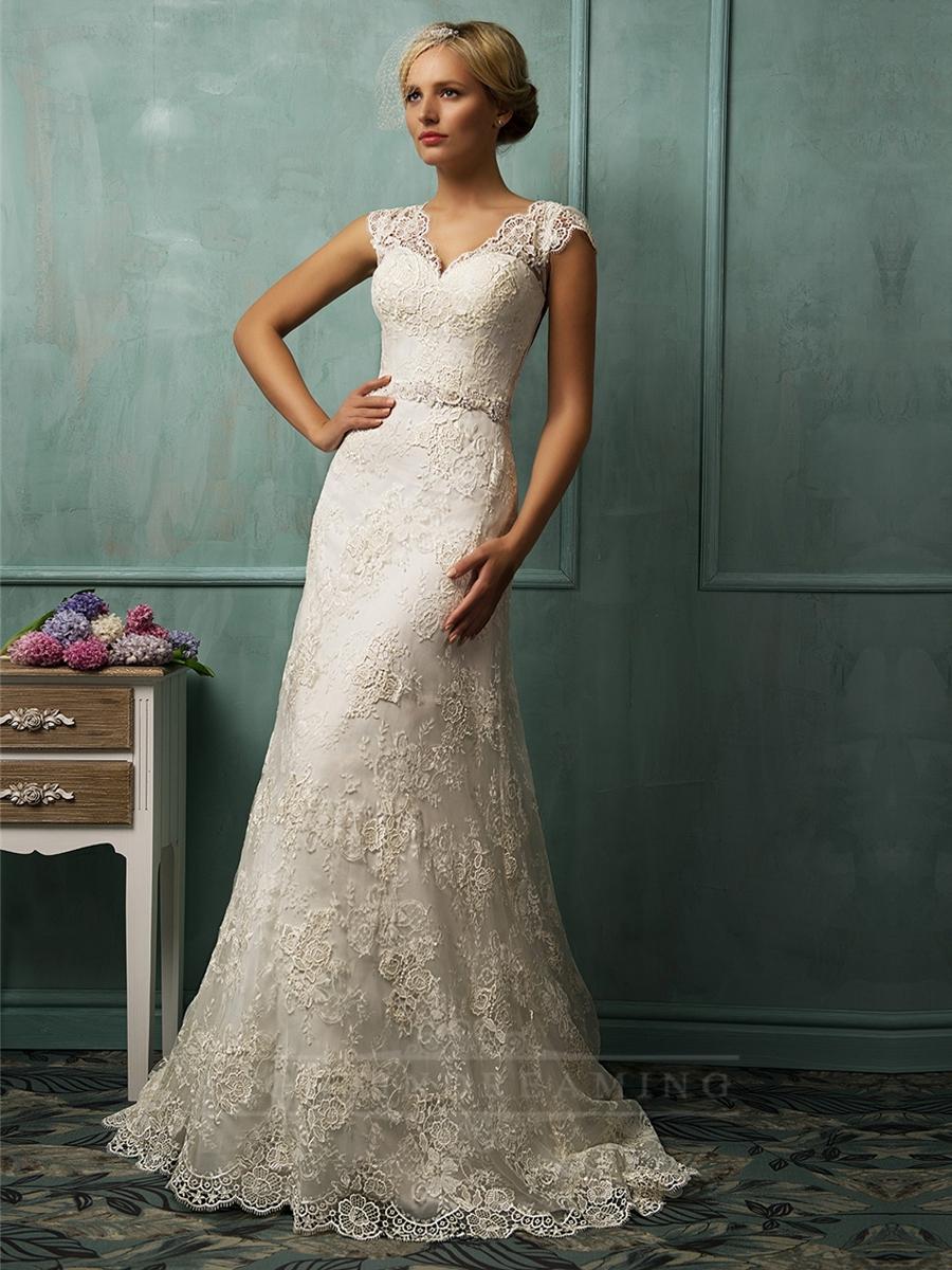 زفاف - Cap Sleeves V-neckline Lace Wedding Dresses - LightIndreaming.com
