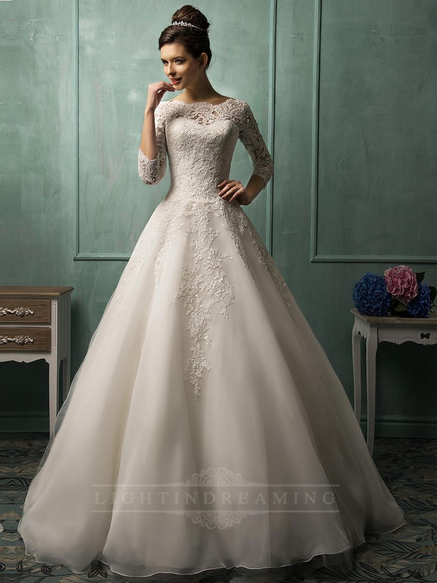 Wedding - Three Quarter Sleeves Illusion Neckline A-line Wedding Dress - LightIndreaming.com