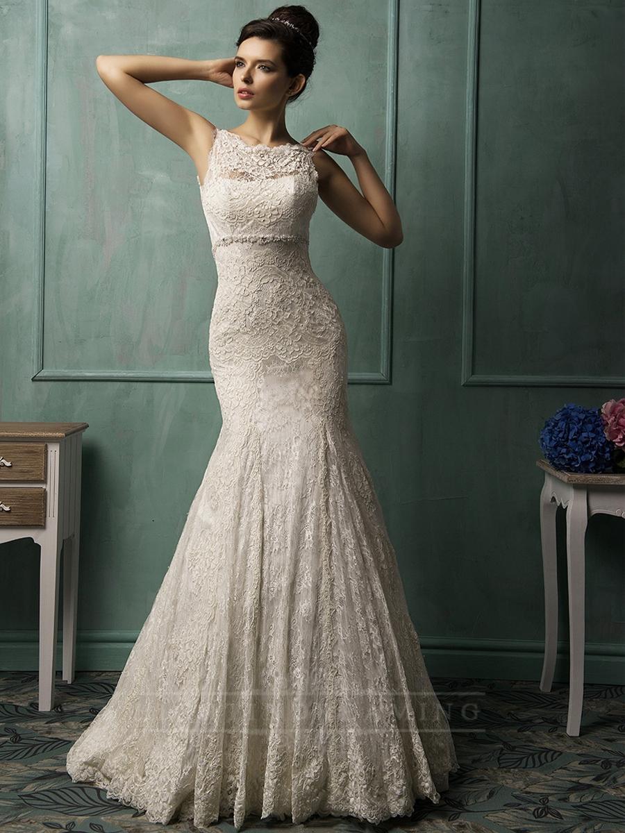 Mariage - Bateau Neckline V-back Lace Wedding Dress - LightIndreaming.com
