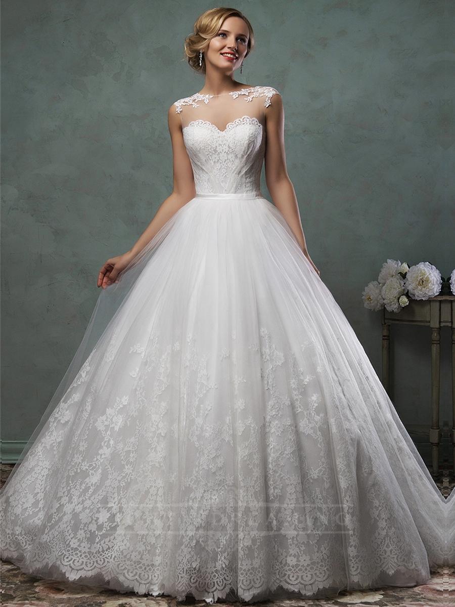 Hochzeit - Sheer Neckline Lace Appliques A-line Wedding Dress - LightIndreaming.com