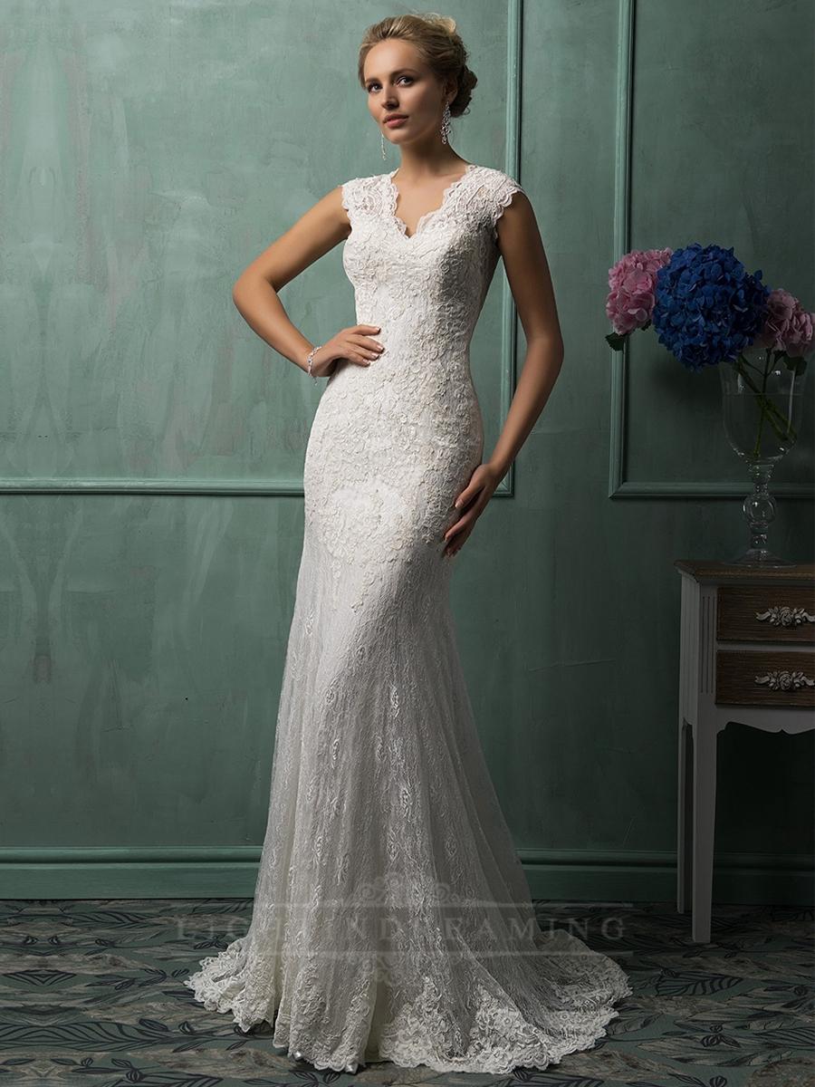 Mariage - Cap Sleeves Plunging V-neck Lace Wedding Dress - LightIndreaming.com