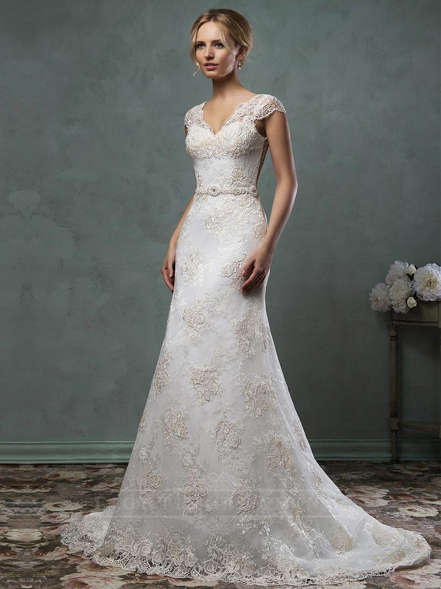 زفاف - Cap Sleelves V Neckline Lace Embroidery A-line Wedding Dress - LightIndreaming.com