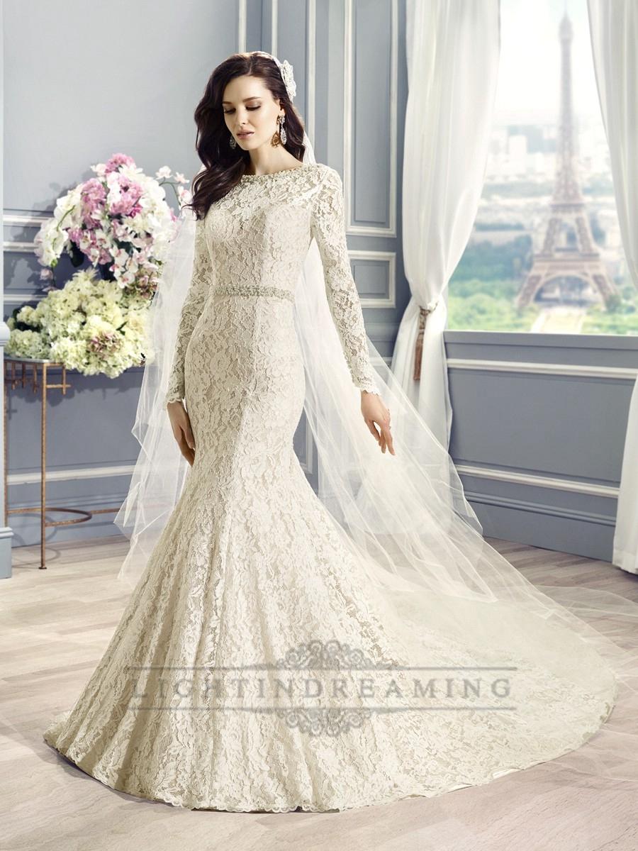 Mariage - Long Sleeves Bateau Neckline Lace Embellished Mermaid Wedding Dress with Deep V-back - LightIndreaming.com