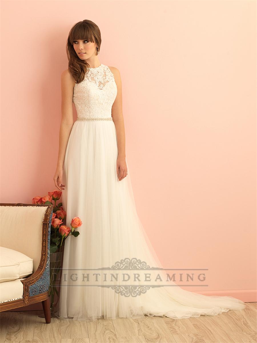 Mariage - Sleeveless High Neckline Wedding Dress with Illusion Back - LightIndreaming.com