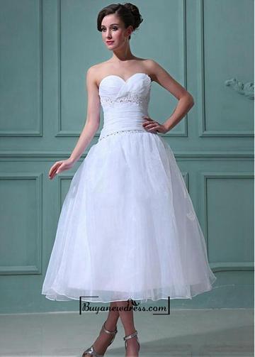 Hochzeit - Attractive Organza & Satin A-line Sweetheart Empire Waist Tea Length Wedding Dress